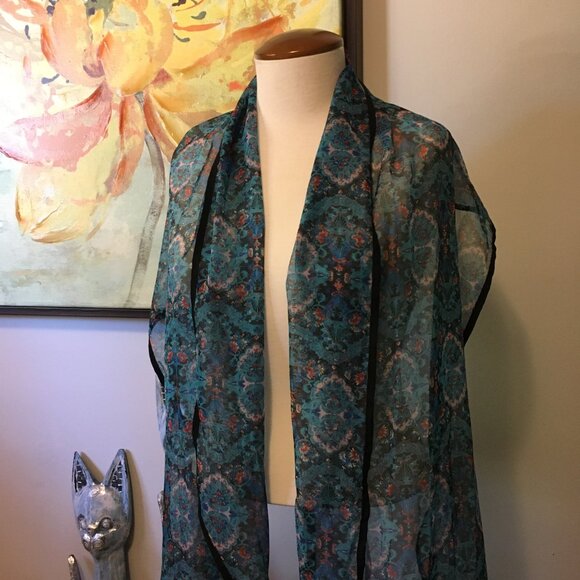 Sheer Blue Floral Damask Tapered Boho Scarf - Picture 11 of 16
